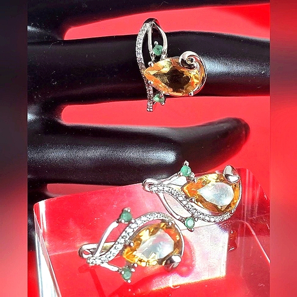 Natural Citrine & Emerald 925 Sterling Silver Set of Ring (Sz 8) & Earrings. - Picture 7 of 12